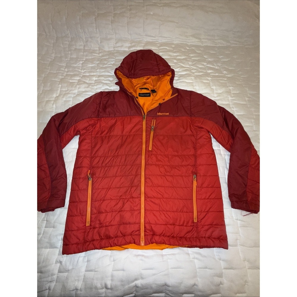 Marmot Down‎ Puffer Hooded Men's 2XL Red Orange Winter Zip Up Ski Jacket Worn